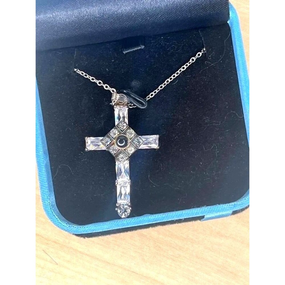 Vintage Lord's Prayer Peephole Crystal Cross Pendant Necklace
